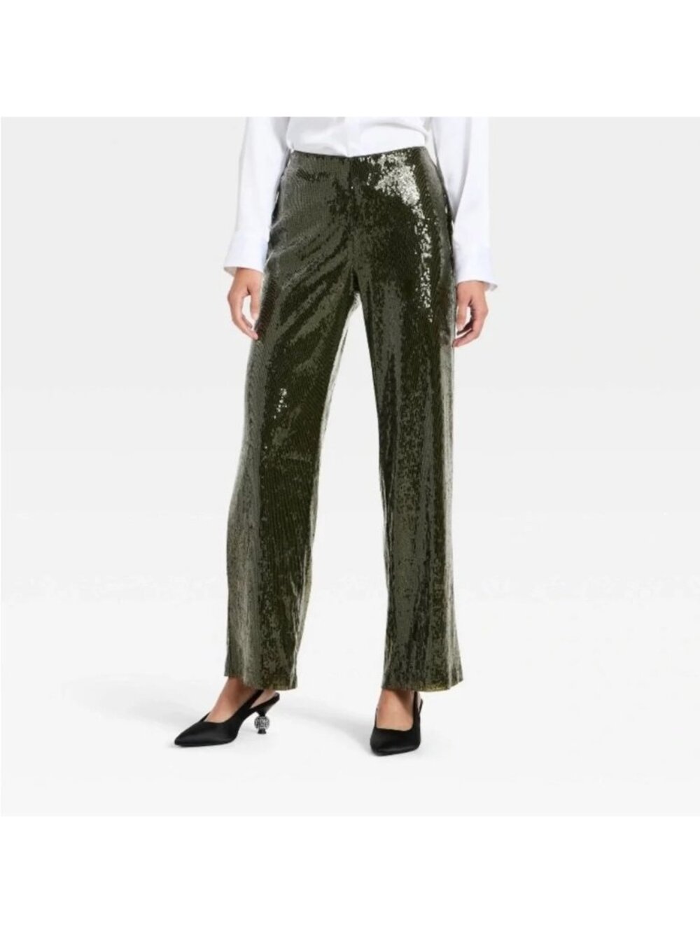 A New Day Olive Green Sequin Lined Straight-Leg Pants Size L